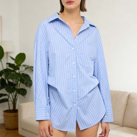 Yxbdin Striped Long Sleeve Shirts for Women Button Down V Neck Tops Loose Fit Blouses Fall Travel Casual Clothes Sky Blue XS