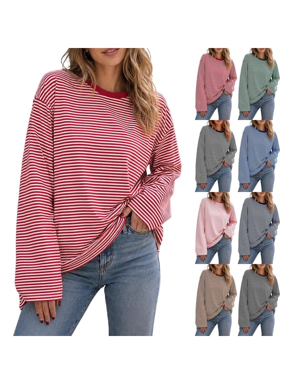 Striped Long Sleeve Shirts for Women Loose Fit Tshirts Casual Fall Tops Fashion Color Block Oversized Tshirts Everyday Clothing L