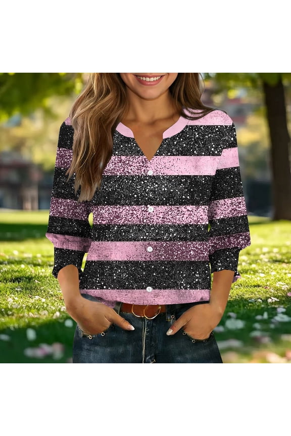 Striped Shirts for Women Button Down Sequin Blouses 3/4 Sleeve Dressy Casual Tops V Neck Summer Spring Shirt Pink XXL