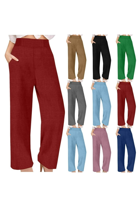 Summer Linen Pants for Women Elastic Waist Straight Leg Baggy Slacks with Pockets Elegant Business Casual Trousers Loose Fit Solid Pants Khaki L