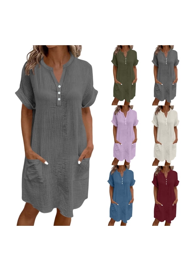 Summer Shirt Dresses for Women with Pockets Button V Neck Knee Length Dress Roll Up Short Sleeve Shift Dress Comfortable Relaxed Fit Daily Wear