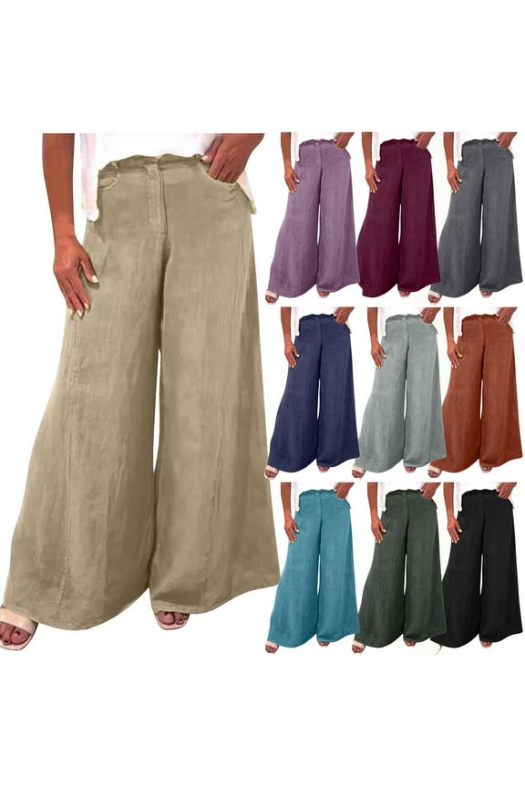 Summer Women Linen Pants with Pockets High Waist Straight Leg Palazzo Casual Trousers Comfy Loose Solid Pants with Zipper Orange S