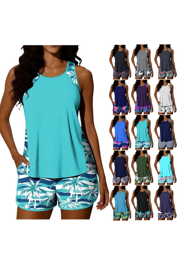 Tankini Swimsuits for Women Tummy Control 2 Piece Bathing Suits with Pockets Blouson Tank Tops with Shorts Modest Swim Suits Army Green XL
