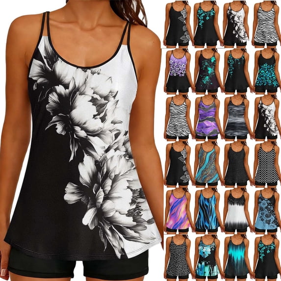Yxbdin Tankini Womens Bathing Suits Modest 2 Piece Swimsuits Flowy Graphic Swim Tops and Boyshorts Tummy Control Swimwear Sets Black4 L