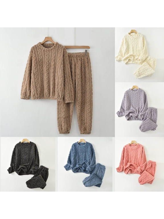 Textured Fleece Loungewear Sets for Women Petite 2PC Pajama Set Soft Warm Winter Pajamas Long Sleeve Top and Cropped Pants Pjs Free Size