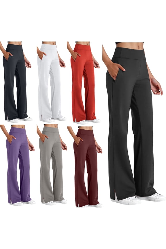 Tummy Control High Waist Yoga Pants for Women Split Hem Tight Pants with Side Pockets Solid Color Long Pants