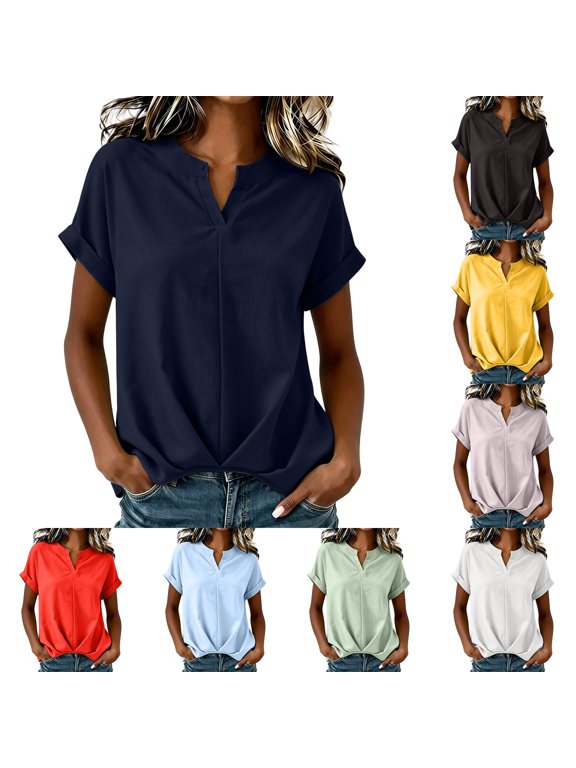 Tunic Tops for Women Loose Fit Dressy Twist Front Hem T Shirts Notch V Neck Tshirts Roll Up Short Sleeve Tees Fashion Comfortable Solid Color Pullover