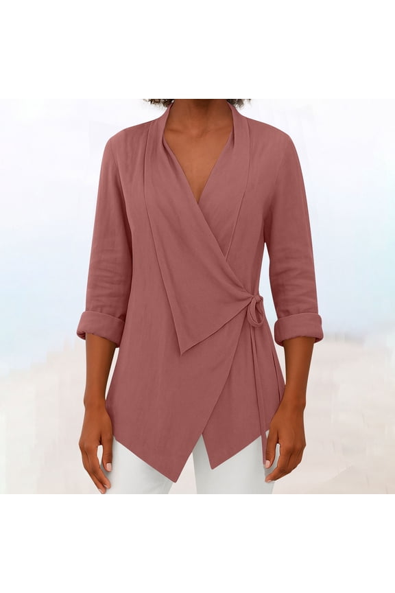 V Neck Shirts for Women Dressy Casual 3/4 Sleeve Shirts Oversize Tops Plus Size Loose Fit Blouses Summer Vacation fashion Clothes Brown S