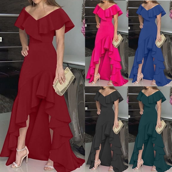 Yxbdin Wedding Guest Dresses for Women Formal Off the Shoulder Maxi Dresses Ruffle V Neck Flowy Dresses Empire Waist A Line Dress Mother of The Bride Dresses