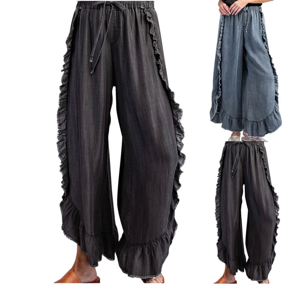 Yxbdin Wide Leg Pants for Women Trendy Ruffle Trim Long Pants High Elastic Drawstring Waist Fashion Clothing Comfortable Loose Fit Lounge Pants