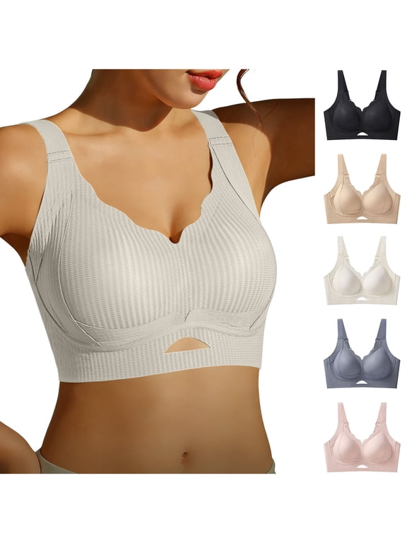 Wireless Jelly Bras for Women Plus Size Push Up Bra Comfortable Smoothing Back Full Coverage Bras Trendy Scalloped V Neck T-shirt Bra