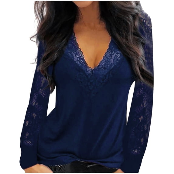 Yxbdin Womans Casual Lace V Neck Shirts Plus Size Long Sleeve Blouses Dressy Embroidery Tee Tops Navy L