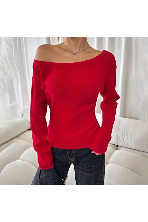 Womans One Off The Shoulder Tops Asymmetrical Neck Clothes Ribbed Knit Long Sleeve Blouses Dressy Casual Sweaters Red L