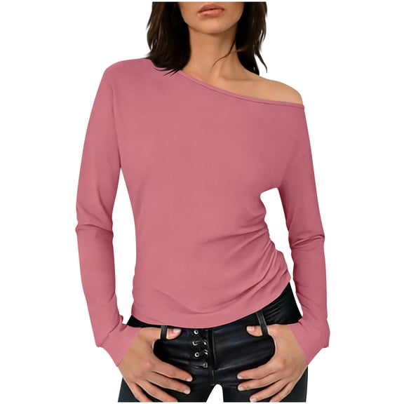 Yxbdin Womans One Off The Shoulder Long Sleeve Shirts Cutout Asymmetrical Neck Tops Dressy Casual Loose Fit Clothes Fall Vacation Going Out Blouses Pink L