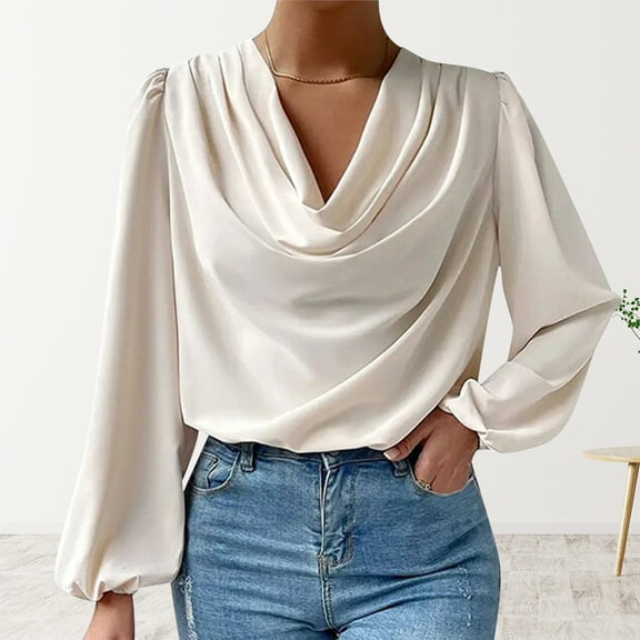Yxbdin Womans Satin Silk Long Sleeve Blouse Draped V Neck Shirts Plus Size Dressy Casual Business Office Tops Beige L