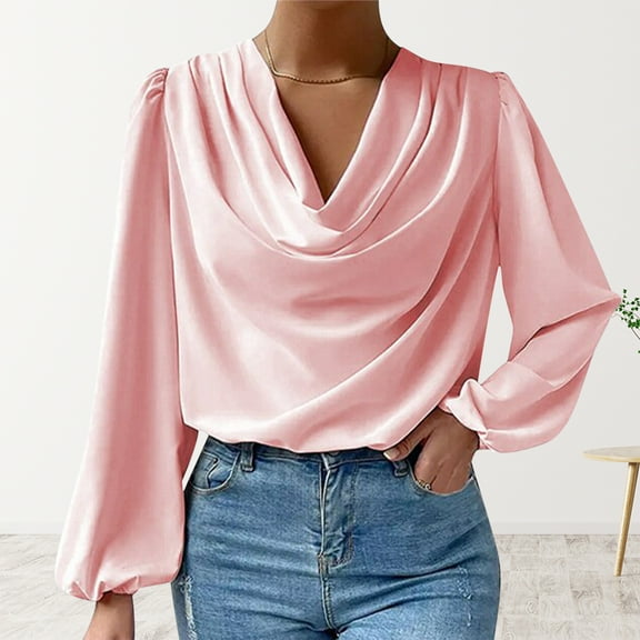 Yxbdin Womans Satin Silk Long Sleeve Blouse Draped V Neck Shirts Plus Size Dressy Casual Business Office Tops Pink XXXL