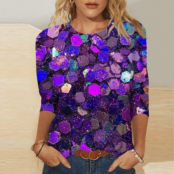 Yxbdin Womans Sparking 3/4 Sleeve Tops Casual Crew Neck Blouses Night Club Cloths Plus Size Loose Fit Shirts for Cocktail Party Purple XXL
