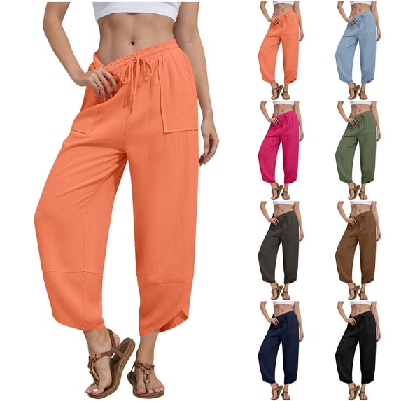 Yxbdin Women's Cropped Pants Wide Leg Casual Pants Straight Elastic Waist Drawstring Trousers Loose Fit Pants with Pockets Navy XXL