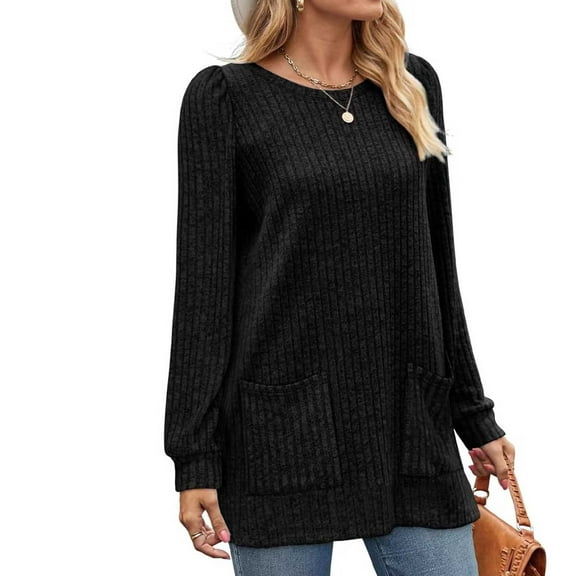 Yxbdin Women‘s Oversize Long Sleeve Sweaters with Pocket Ribbed Knit Crew Neck Tops Cuasual Fall Winter Blouses Black M