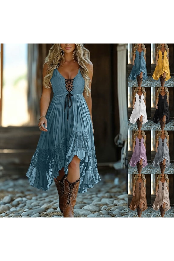 Womens Anomalistic Hem Midi Dresses Sleeveless Lace Patchwork Tank Dress Drawstring V Neck Flowy Dresses Country Concert Dresses Wave Pleated High Split Dress
