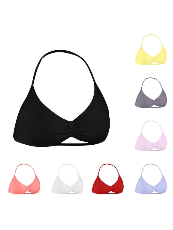 Womens Backless Halter Bra Padded Wireless Bra Lightly Lined Strappy Bras Casual V Neck Support Bras Breathable Swimwear for Beach Vacation