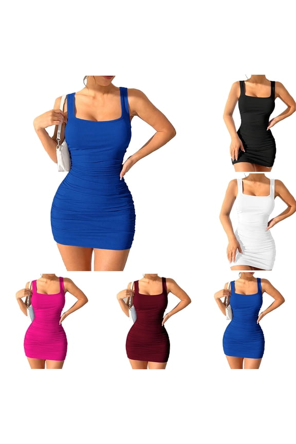 Womens Bodycon Dresses Summer Sleeveless Mini Dresses Classic Square Neck Tank Dresses Ruched Slim Fit Short Dresses Dressy Business Office Dress