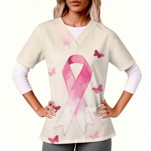 Yxbdin Womens Breast Cancer Awareness Scrub Tops Short Sleeve V Neck Tunic Graphic Tees Pink Ribbon Support Medical Shirts Nurse Uniform Shirts with Pockets Beige M