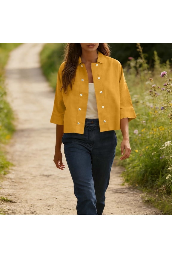 Womens Cotton Linen Cropped Shirts Open Front Button Down Blouses Half Sleeve Lapel Shirt Dressy Spring Summer Tops Yellow M