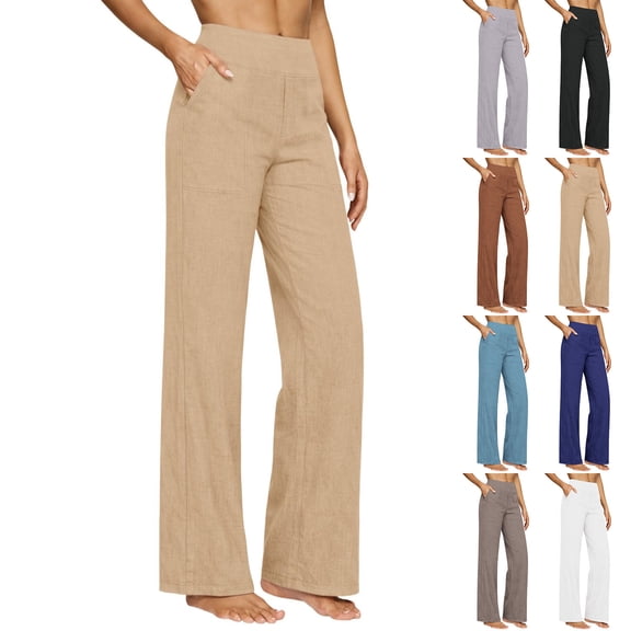 Yxbdin Womens Cotton Linen Lounge Pants Elastic Tummy Control High Waisted Long Pants Straight Leg Trousers with Pockets