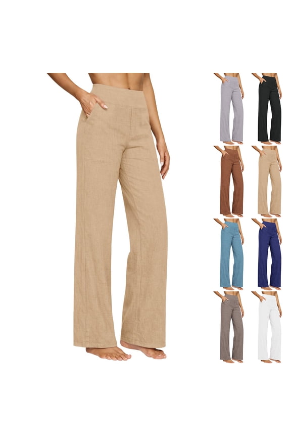 Womens Cotton Linen Lounge Pants Elastic Tummy Control High Waisted Long Pants Straight Leg Trousers with Pockets