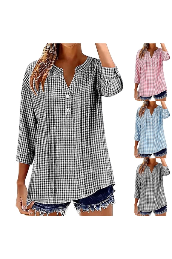 Womens Plaid Shirts Cotton Linen V Neck Buttons Tunic Shirt Trendy 3/4 Length Sleeve Spring Tops Loose Fit Comfy Daily Clothes Black M