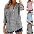 thumbnail image 1 of Yxbdin Womens Cotton Linen Plaid Shirts Elegant Pleated 3/4 Length Sleeve Tunic Shirt Comfy Loose Fit V Neck Button Blouses Going Out Tops Blue M, 1 of 7