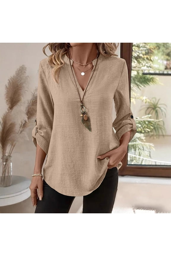 Womens Cotton Linen Tunic Tops Loose Fit 3/4 Sleeve Blouses Button V Neck Shirts Dressy Casual Tops for Summer Khaki L
