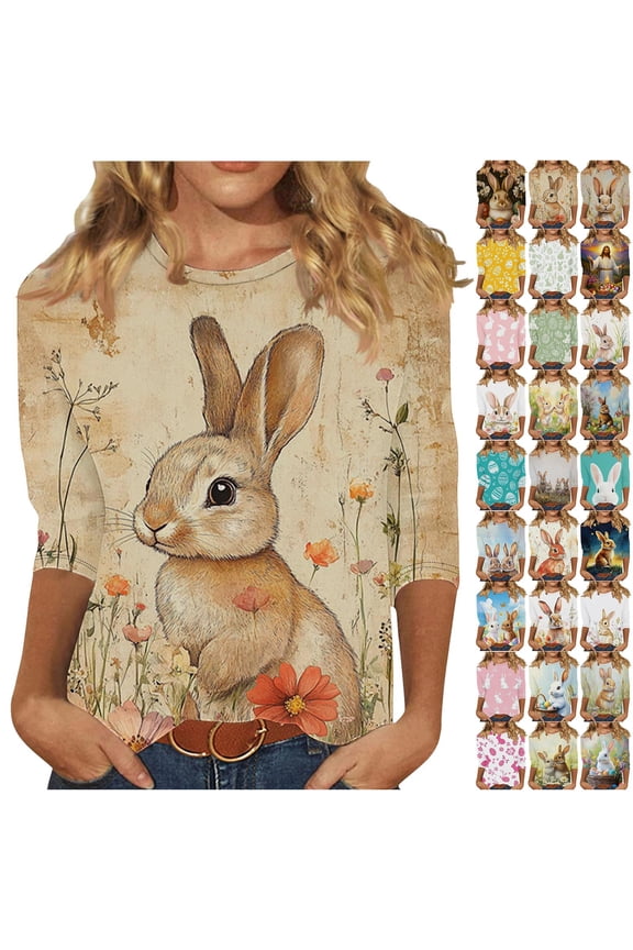 Womens Easter Bunny Shirts Plus Size 3/4 Sleeve T Shirts Crew Neck Cute Rabbit Graphic Tee Funny Casual Tops for Holiday Multicolor XXL