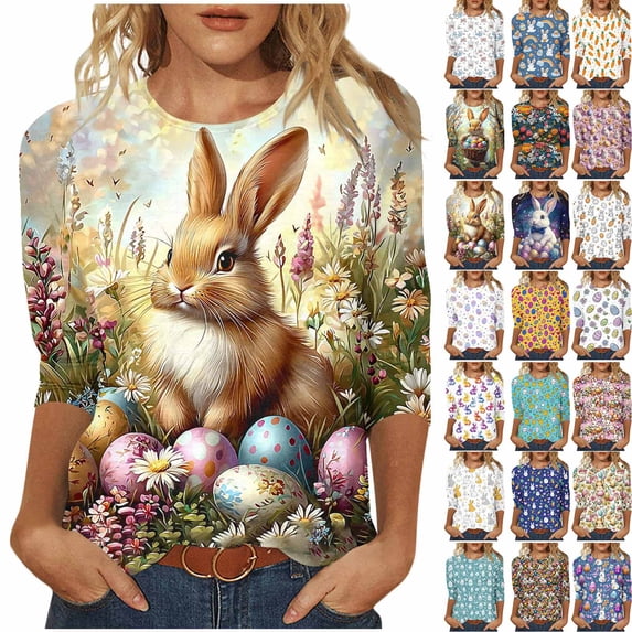 Yxbdin Womens Easter Egg Shirt Plus Size Bunny Graphic Tee Spring Crew Neck T Shirt 3/4 Sleeve Funny Tops White XXXXL