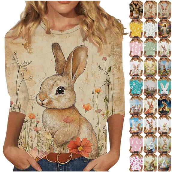 Yxbdin Womens Easter Egg Shirts Plus Size Bunny Graphic Tee Casual Spring Crew Neck T Shirts 3/4 Sleeve Funny Tops Multicolor S