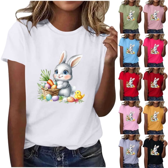 Yxbdin Womens Easter Shirt Plus Size Short Sleeve T Shirts Crew Neck Cute Bunny Graphic Tee 3/4 Sleeve Casual Spring Summer Tops Hot Pink S