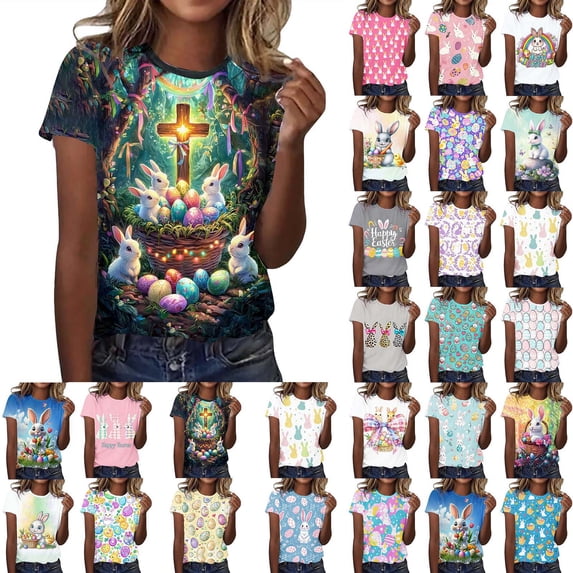 Yxbdin Womens Easter Shirts for Women Crew Neck Short Sleeve T Shirts Crew Neck Bunny Graphic Tee Casual Easter Eggs Print Tops Dark Blue M