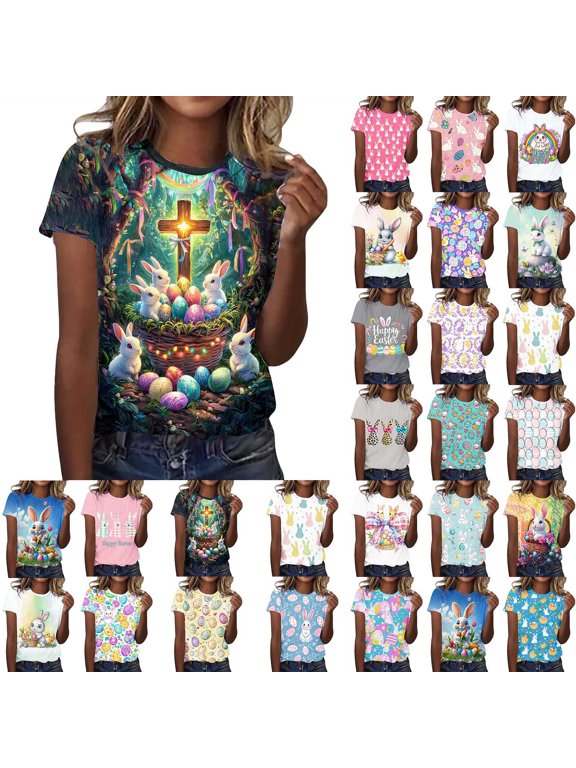 Womens Easter Shirts for Women Crew Neck Short Sleeve T Shirts Crew Neck Bunny Graphic Tee Casual Easter Eggs Print Tops Light Blue S