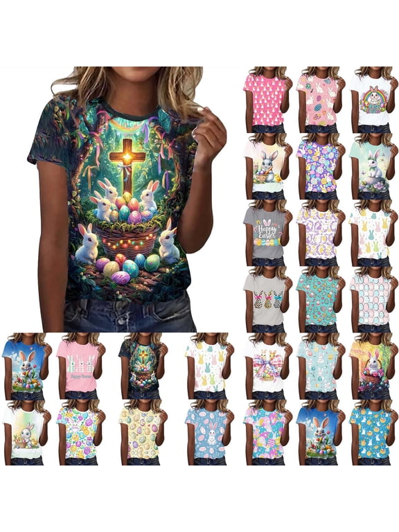 Womens Easter Shirts for Women Crew Neck Short Sleeve T Shirts Crew Neck Bunny Graphic Tee Casual Easter Eggs Print Tops Light Blue XL