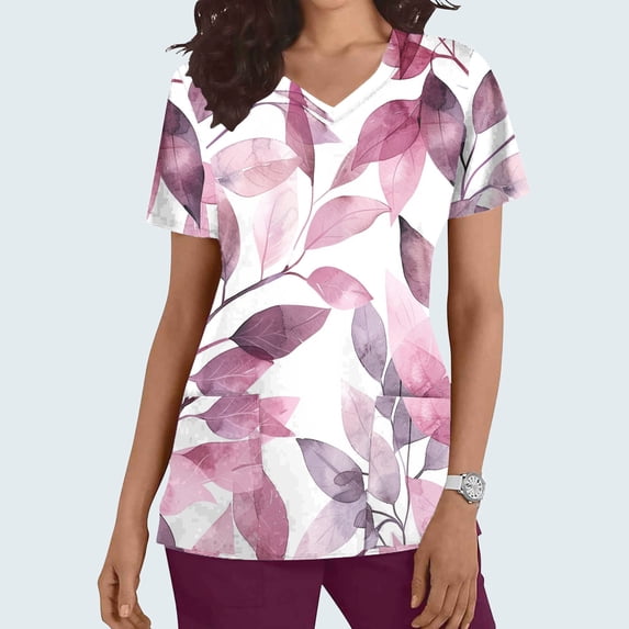 Yxbdin Womens Graphic Scrub Tops Short Sleeve V Neck Nursing Uniform Shirts Loose Fit Vintage Floral Print Scrub Shirt with Pockets Pink*1 S