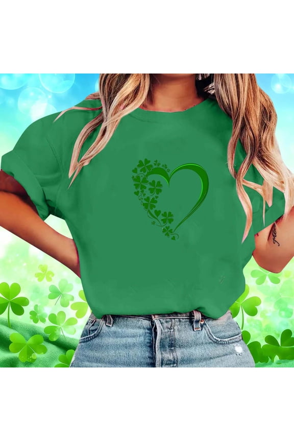 Womens Heart Graphic St Patricks Day T Shirts Short Sleeve Shamrock Graphic Tees Holiday Clover Crew Neck Tops Green XXL