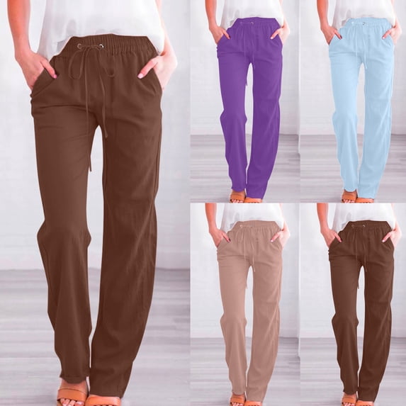 Yxbdin Womens High Elastic Waist Plus Size Pants Linen Drawstring Loose Fit Pants with Pockets Comfy Casual Spring Trousers Green L