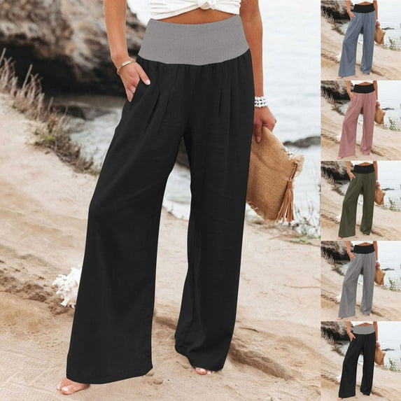 Yxbdin Womens High Waist Linen Pants Wide Leg Patchwork Palazzo Trousers with Pockets Loose Fit Comfy Casual Pants Summer Solid Trousers Blue S