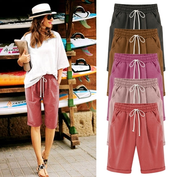 Yxbdin Womens Knee Length Lounge Shorts Folded Hem Casual Bermuda Shorts Elastic Drawstring Waisted Summer Shorts with Pockets