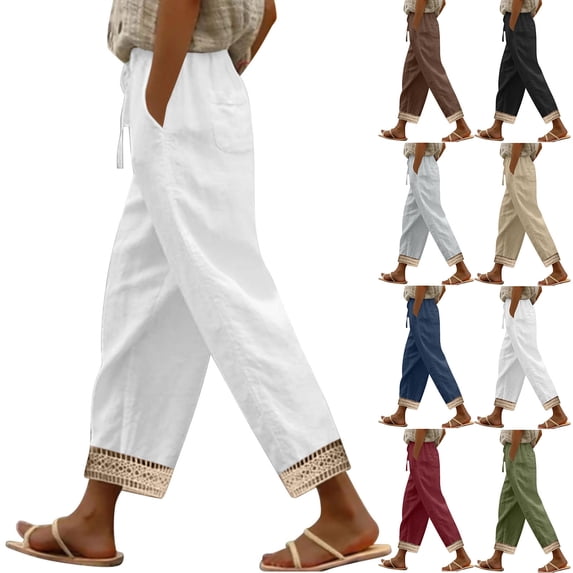 Yxbdin Womens Linen Lace Patchwork Pants Trendy Drawstring Elastic Waisted Trousers with Pockets Comfy Wide Leg Travel Casual Pants Khaki S