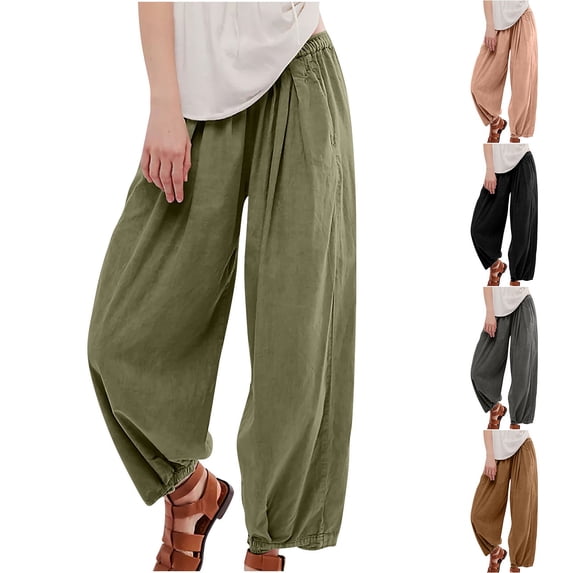 Yxbdin Womens Linen Lantern Pants Wide Leg Ankle Cinching Lounge Trousers Loose Fit Elastic Waisted Summer Vacation Casual Pants Army Green L