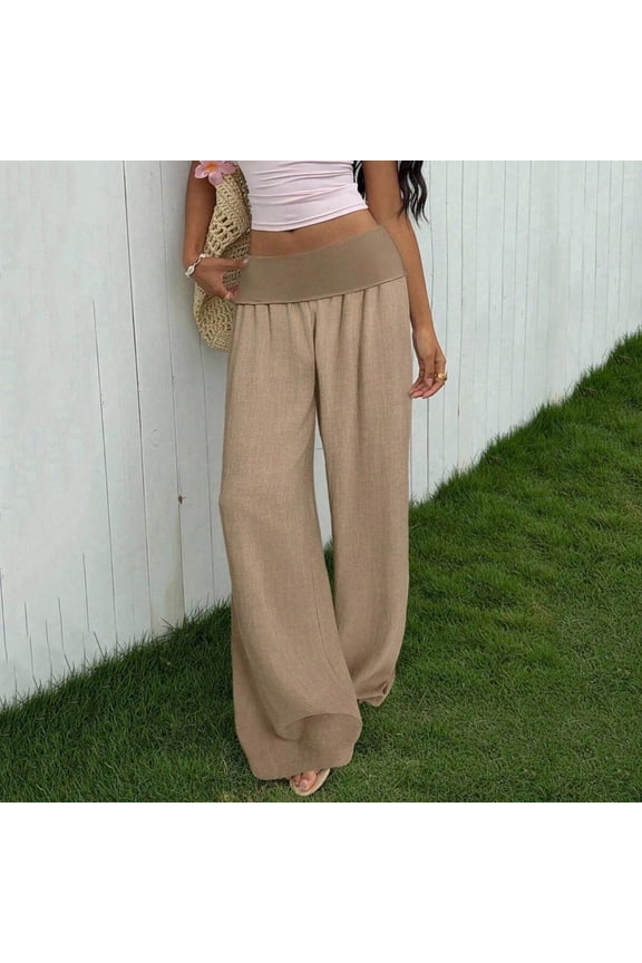 Womens Linen Palazzo Lounge Pants Wide Leg High Waist Baggy Pants Straight Leg Patchwork Casual Trousers Loose Fit Travel Vacation Long Pants Khaki XXL