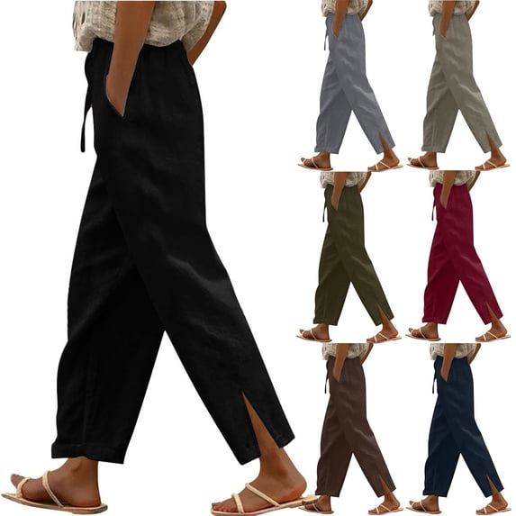 Yxbdin Womens Linen Wide Leg Casual Pants Trendy Elastic Waist Drawstring Side Slit Pants Loose Fit Comfy Spring Trousers with Pocket Green S