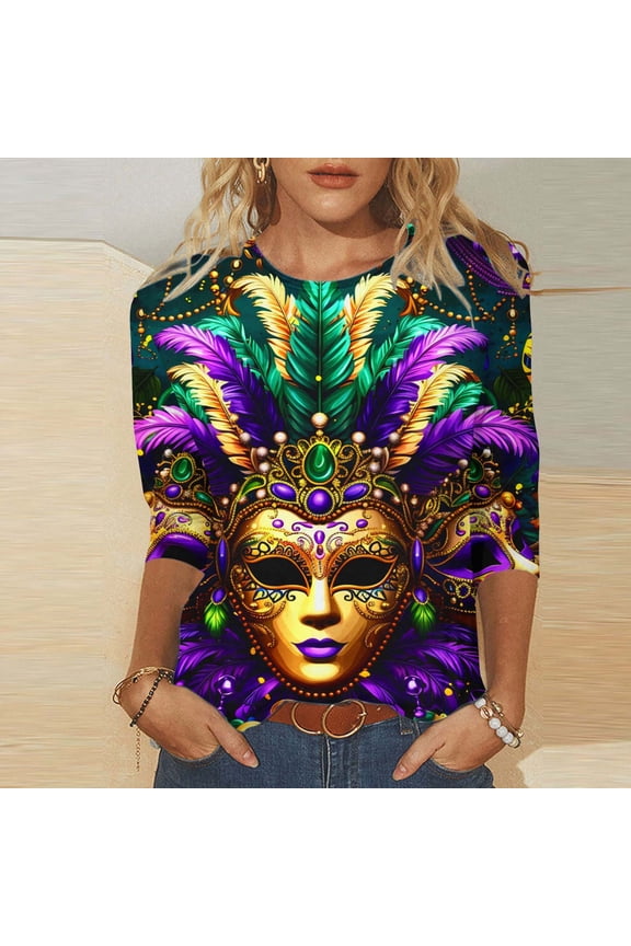 Womens Mardi Gras Shirts Fat Tuesday Plus Size 3/4 Sleeve T Shirts Holiday Fancy Mask Tee Tuesday Party Crew Neck Tops Multicolor XXXL